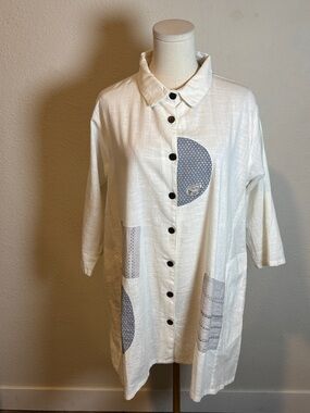 Mona Lisa Cotton Button-Front Cream Tunic with Patch Details One Size